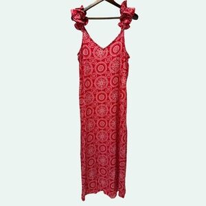 Vince Camuto Maxi Dress Medallion Boho Ruffle-Shoulder Sleeveless Red Size M